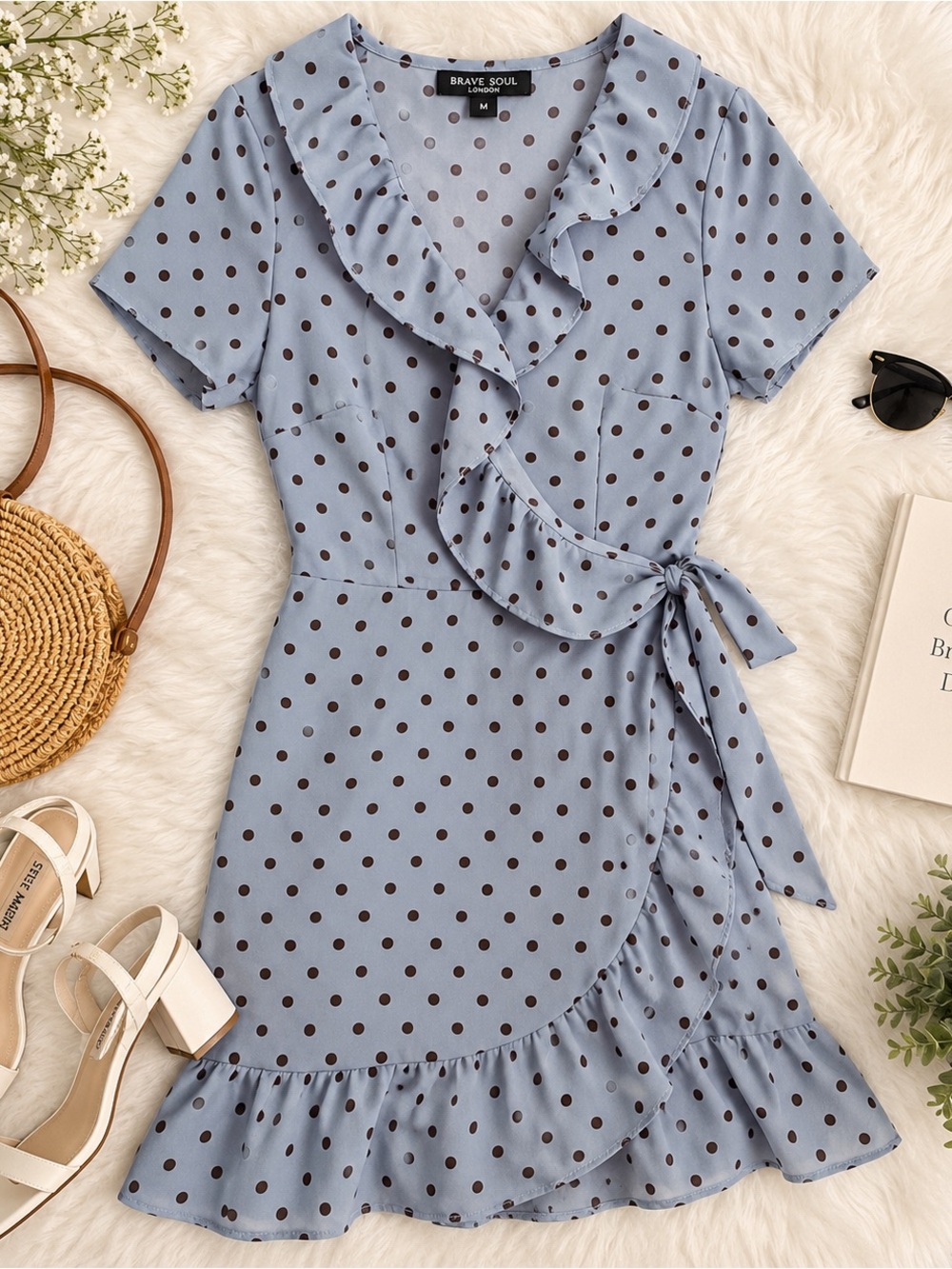 Brave Soul London Blue Polka Dot Ruffle Wrap Dress – Size M